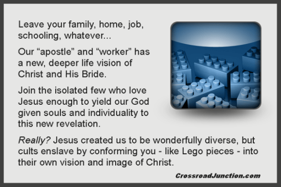 Conforming to someone's idea of Christ, His grand vision, the deeper life or God's epic purpose can be just as legalistic and limiting as any institutional church structure. In fact, it can become cultish. Break free and become the wonderful, multifaceted, multi-gifted and diverse Body of Christ!  See God in a Box 